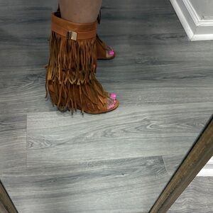 Suede Fringe Heeled Boots - Tan